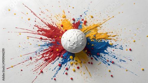 A white golf ball is impacted by an explosion of vibrant red yellow and blue paint splatters