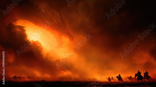 Epic Heroic Growth: Courageous Knights Charge Against a Dragon Breathing Fire in the Sky