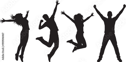 Happy young people jumping silhouette, energetic friends celebrating freedom, success and joy isolated on white background