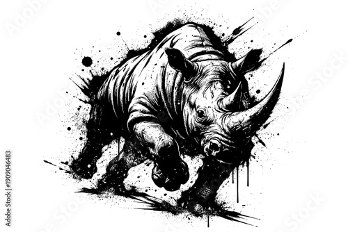 Dynamic black and white rhino ink splatter art