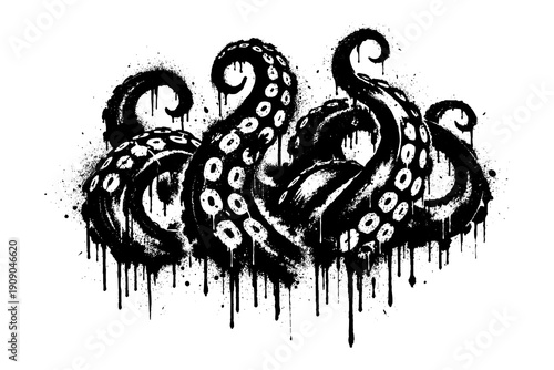 Grunge ink tentacles with dripping effect in monochrome