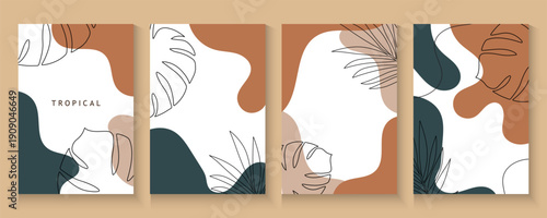 Botanical wall art with abstract shape for print. summer  Minimal natural wall art. Tropical leaf poster, cards, banner, cover background. Modern Boho foliage  tropical leaves and floral.