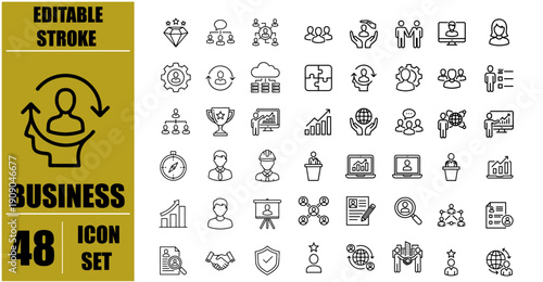 Business Icons Set Editable Stroke Line Style, Office Briefcase Handshake Contract Chart Growth Finance Meeting Investment Management Symbols, Corporate Strategy Startup Economy Vector Icon Pack for I