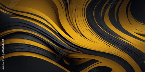 Abstract black and yellow background features a modern 3d wave design with flowing lines and a spiral motion texture for a creative art wallpaper