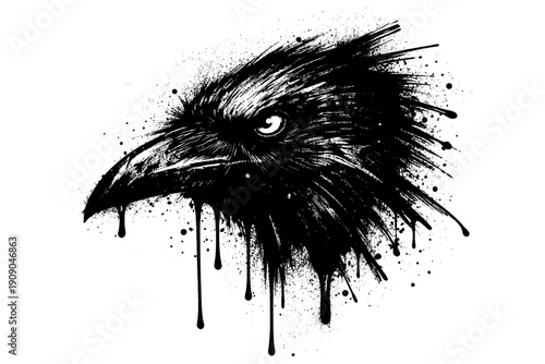 Dark grunge ink raven artwork with dripping effect and splatter elements