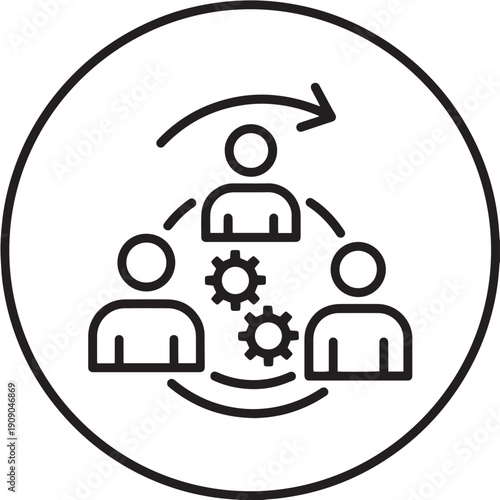 Simple outline icon depicting teamwork collaboration with process gears cycling among three individuals inside a circle