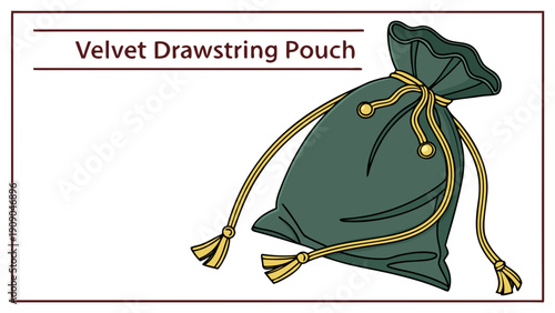 A Vector Illustration of a Green Velvet Drawstring Pouch with Gold Tassels