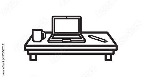 Simple line art icon depicting a minimalist desk setup with a laptop a cup and a stylus
