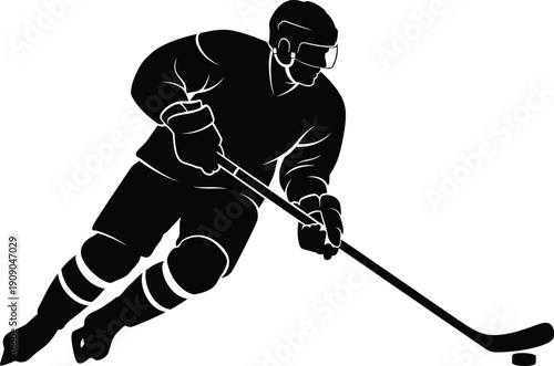 Ice hockey player in action with hockey stick and puck on a transparent background