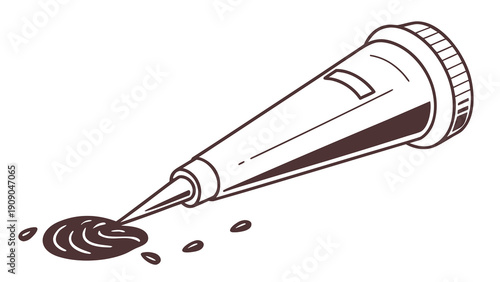Illustration of a squeeze bottle with a pointed tip dispensing a dark liquid onto a surface with small droplets scattered around