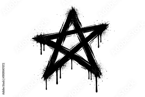 Grunge dripping black pentagram with splatter effect on white background