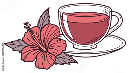 A refreshing cup of hibiscus tea with a vibrant hibiscus flower and saucer, perfect for a relaxing break