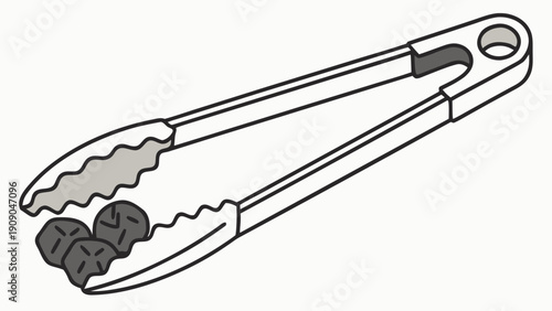 A simple and versatile line art illustration of metallic kitchen tongs, designed for efficiently gripping, lifting, and serving various food items. 