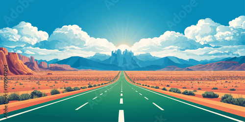 An empty asphalt highway stretches toward the distant mountains under a clear summer sky, winding through a green rural landscape where the open road meets the horizon