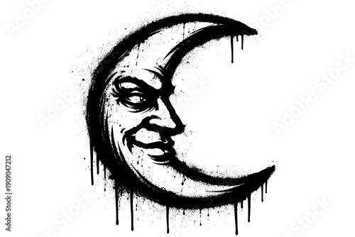 Dripping black ink crescent moon with face in grunge style