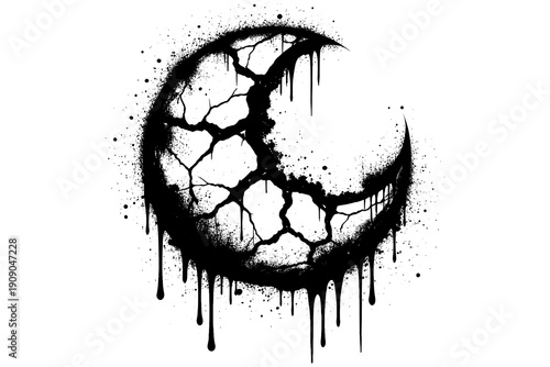 Grungy dripping moon in black and white ink art with cracked surface