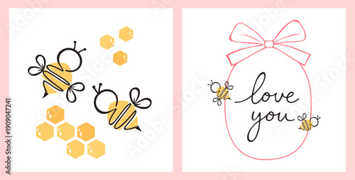 Cute bee and honeycomb illustration with love you typography and bow frame vector set.