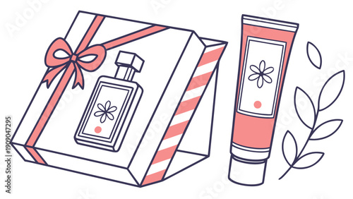 Elegant line art illustration of a beauty product gift set, featuring a perfume bottle, a cream tube, and decorative leaves, perfect for self-care or a thoughtful present
