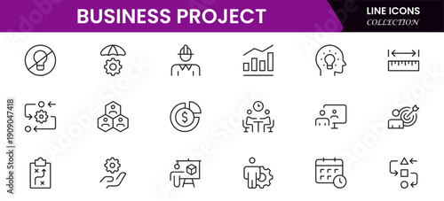Business set of web icons in linear style. Business Project icons for web and mobile apps. Business, organisation management, planning, project, startup, marketing, teamwork. Vector illustration