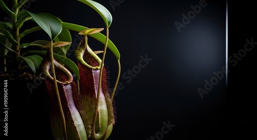 Intimate view of a carnivorous nepenthes pitcher plant with reddish-green traps