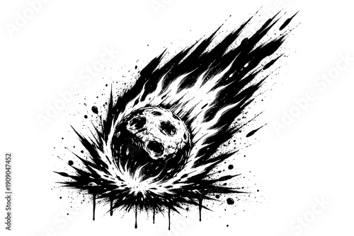Dynamic grunge style meteor impact with fiery flames and explosive splatter effect
