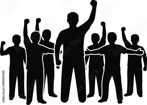 Silhouette of group of people with raised fists protesting