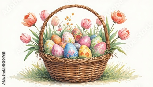 A charming Easter scene featuring a wicker basket filled with pastel-colored, flower-painted eggs. The basket sits amidst lush green grass and flowers.