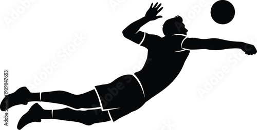 Silhouette of volleyball player jumping to hit ball