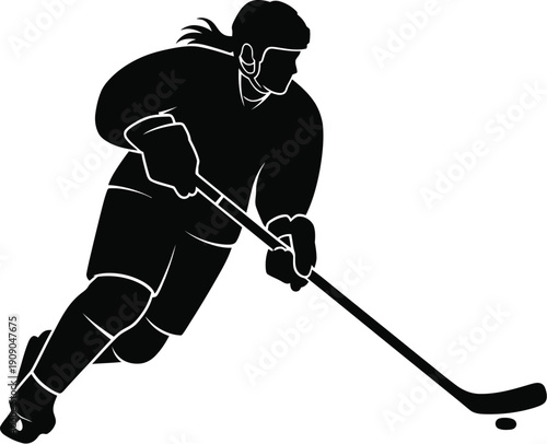 Black silhouette of woman ice hockey player with stick and puck