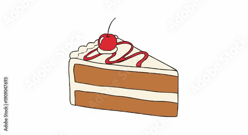 Layered Vanilla Cake Slice With Cherry On Top And Decorative Red Drizzle