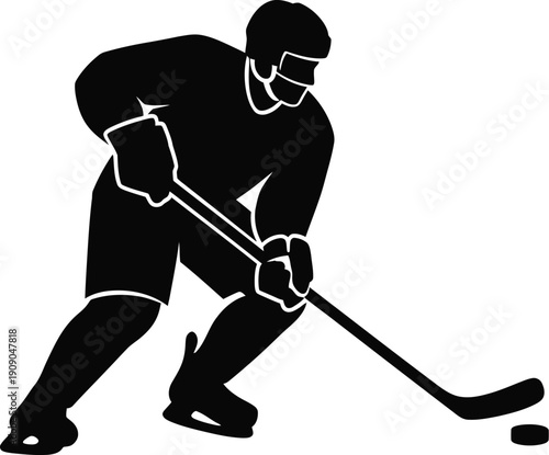 Vector silhouette of male ice hockey player in defensive stance