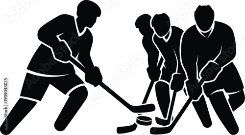 Group of three ice hockey players battling for puck, action silhouette isolated on transparent background