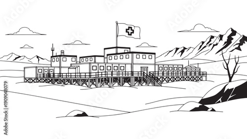 Arctic research station in snowy mountain landscape for climate science and remote infrastructure illustration
