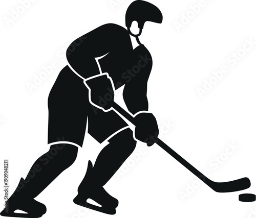 Ice hockey player with stick and puck, ready to shoot, silhouette isolated on transparent background