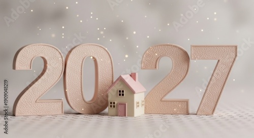3D numbers 2027 frame a miniature house, sparkling effect