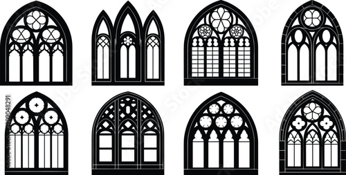 Gothic stained glass windows, architectural design, tracery, pointed arches, floral motifs, circular patterns, medieval art, historic architecture, decorative, ornate, 