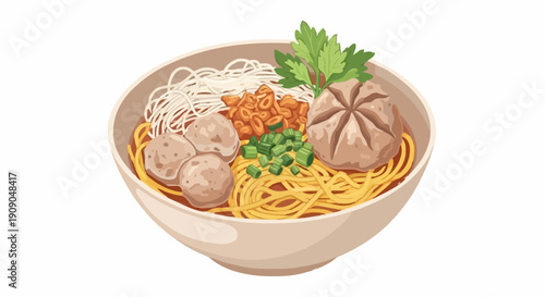 Savory Noodle Soup Bowl with Meatballs, Dumplings and Fresh Greens