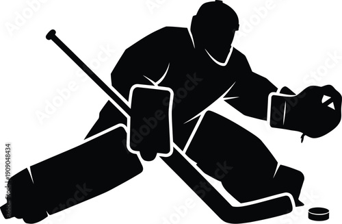 Goaltender silhouette in action, saving goal with stick and glove on checkered background