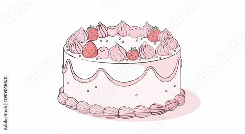 Pink Strawberry Celebration Cake with Ruffle Frosting Illustration