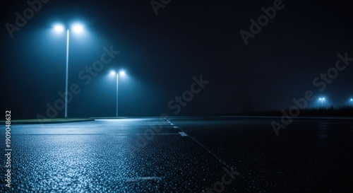 Dimly lit empty lot at night with glowing streetlights reflecting on wet asphalt