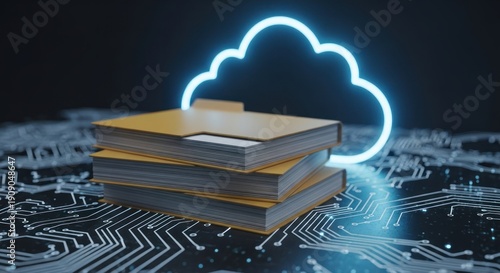 Digital files stacked atop circuits, illuminated by a glowing cloud