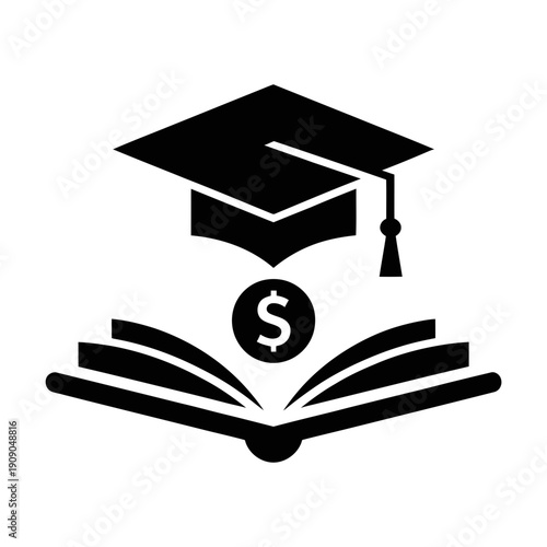 A black icon of a graduation cap over an open book with a dollar sign