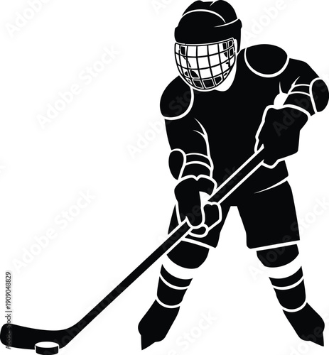 Ice hockey player silhouette in full gear playing with stick