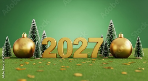 Golden 2027 numbers amidst frosted trees & baubles on green