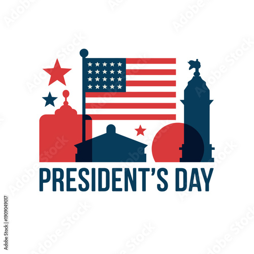 A graphic illustration celebrating President's Day with American flag and buildings