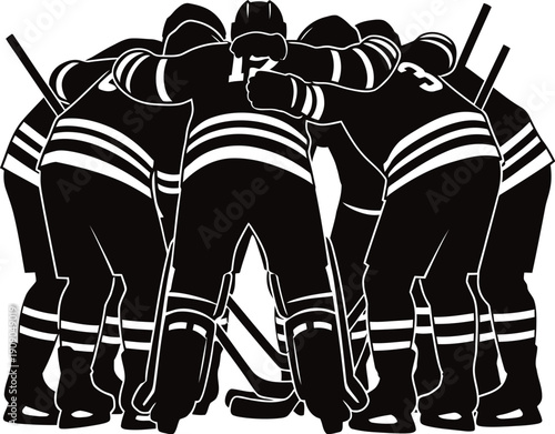 Ice hockey team huddle, players in uniform with sticks, unity and teamwork