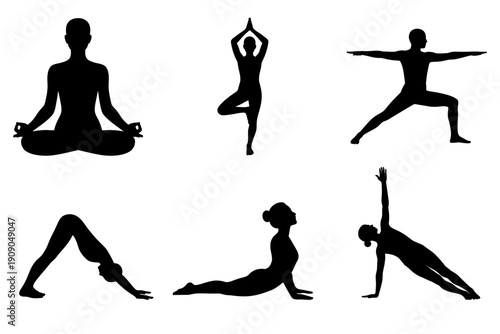 Silhouettes of people practicing various yoga poses