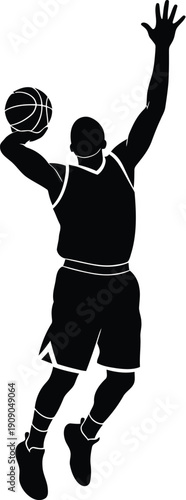 Basketball player silhouette jumping for slam dunk with ball in hand vector art