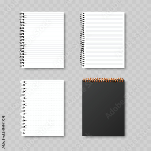 Realistic Spiral Notebook Mockup Set. Vector Lined, Grid and Squared Notepad Templates with Wire Binding.