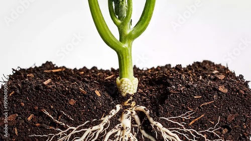 Wallpaper Mural Young pumpkin plant growing upward from a single seed with green leaves unfolding and white roots branching out underground in the dirt Torontodigital.ca